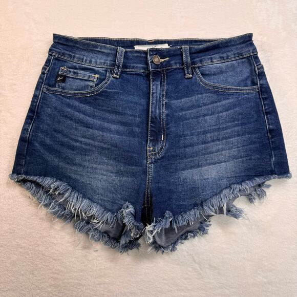 Kancan Cutoff Fringe Hem Jean Shorts Blue Stretchy Beach Vacay Boho Size 28 - Picture 7 of 7